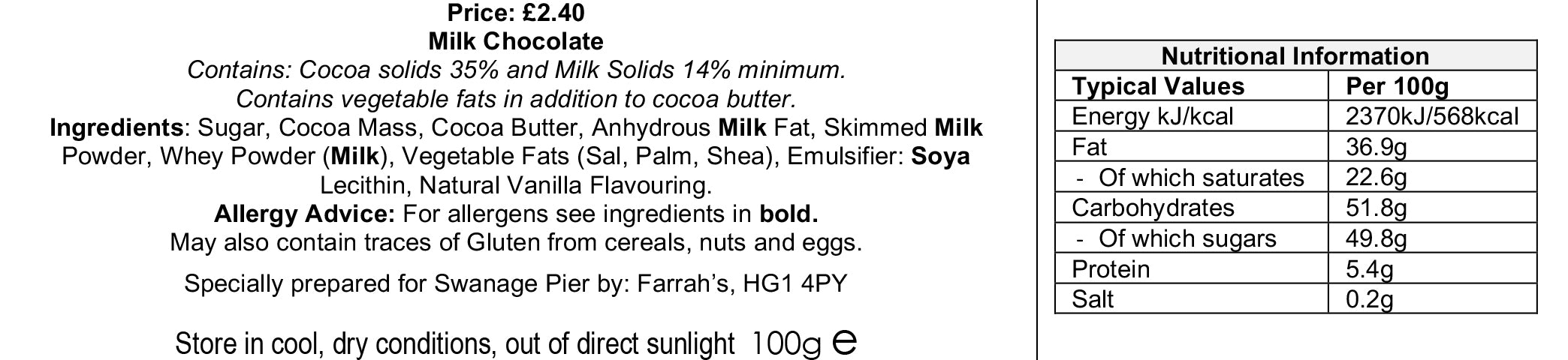 Swanage Pier Luxury Milk Chocolate – 100g bar